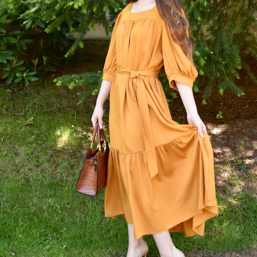 Women's Mustard Midi Dress, Autumn Women's Fashion, 3/4 Long Puffed Sleeves